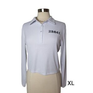 Women's Long Sleeve Crop Top Angel Embroidered Bustier Polo Top White XL NWOT